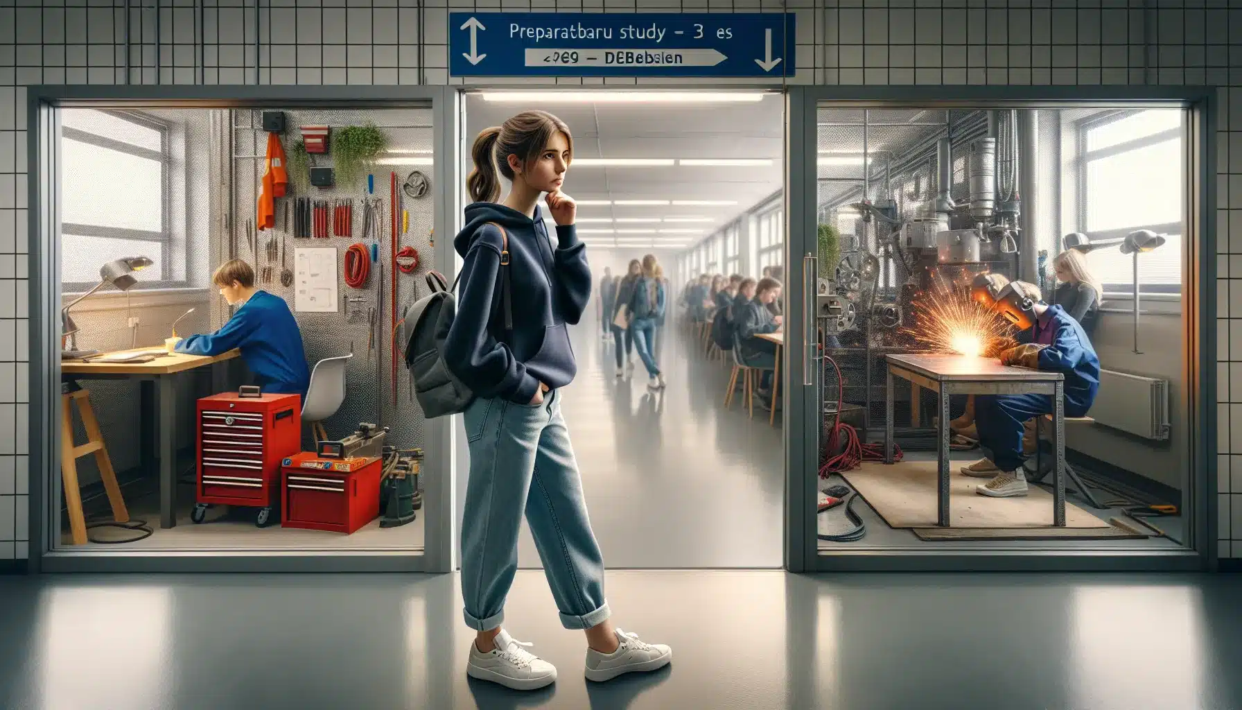 Hva er forskjellen mellom yrkesfag og studieforberedende? 2 Norwegian student stands between a vocational workshop and an academic classroom.