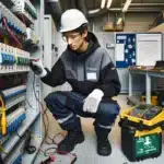 Apprentice electrician in norway testing a distribution board during certification exam