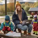 Aspiring kindergarten teacher helps toddlers outdoors beside application documents in norway