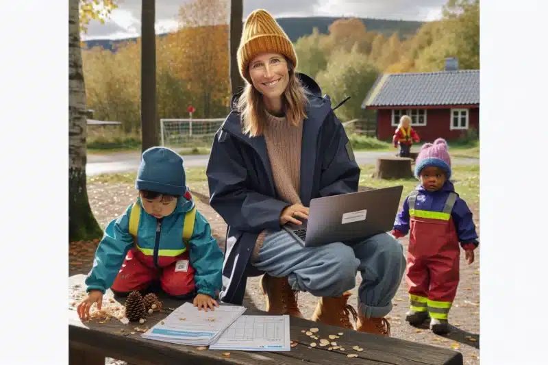 Aspiring kindergarten teacher helps toddlers outdoors beside application documents in norway