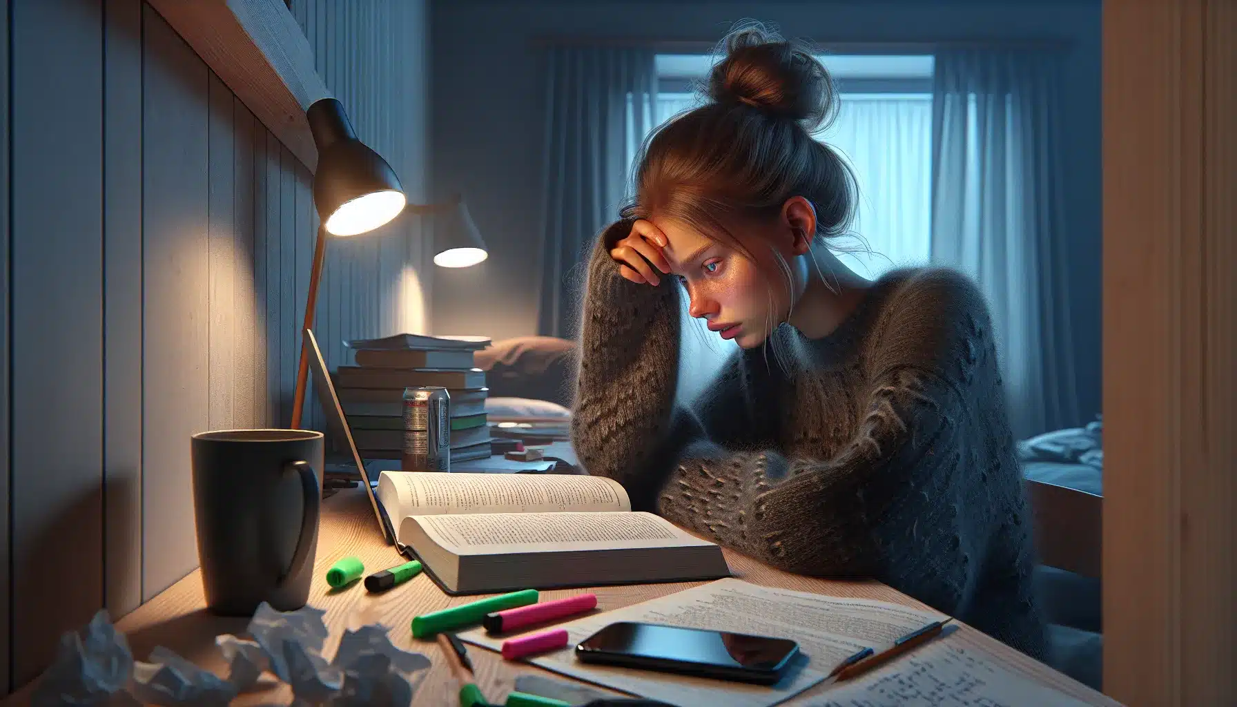 Hvordan unngå utbrenthet som student 3 Exhausted norwegian student at desk late at night, rubbing temples.