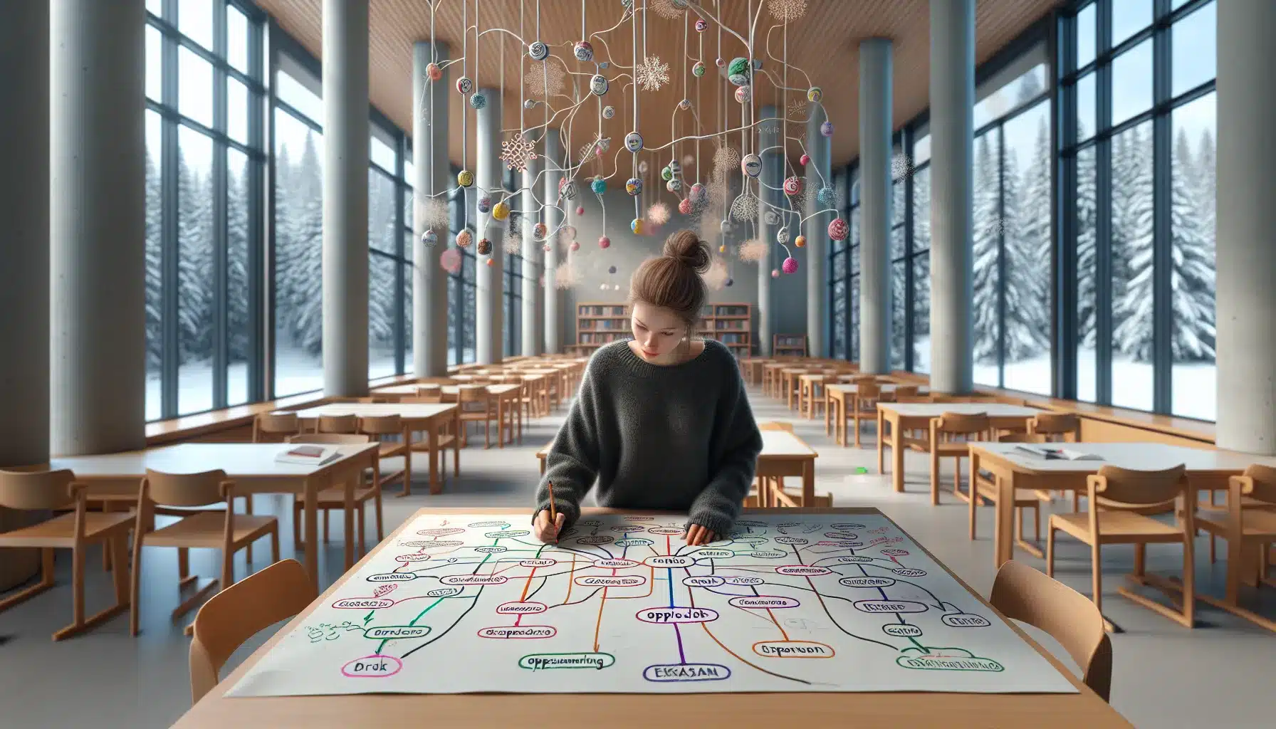 Norwegian student drawing a colorful mind map for study and exam prep.