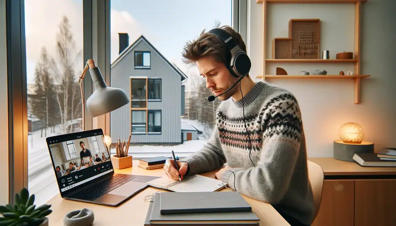 Norwegian student studying online at home balancing benefits and drawbacks of fjernstudier