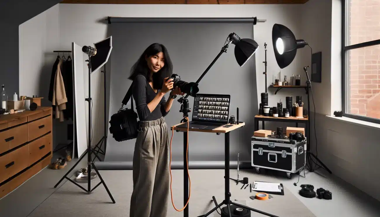 Professional photographer adjusts studio lights tethered to laptop in oslo