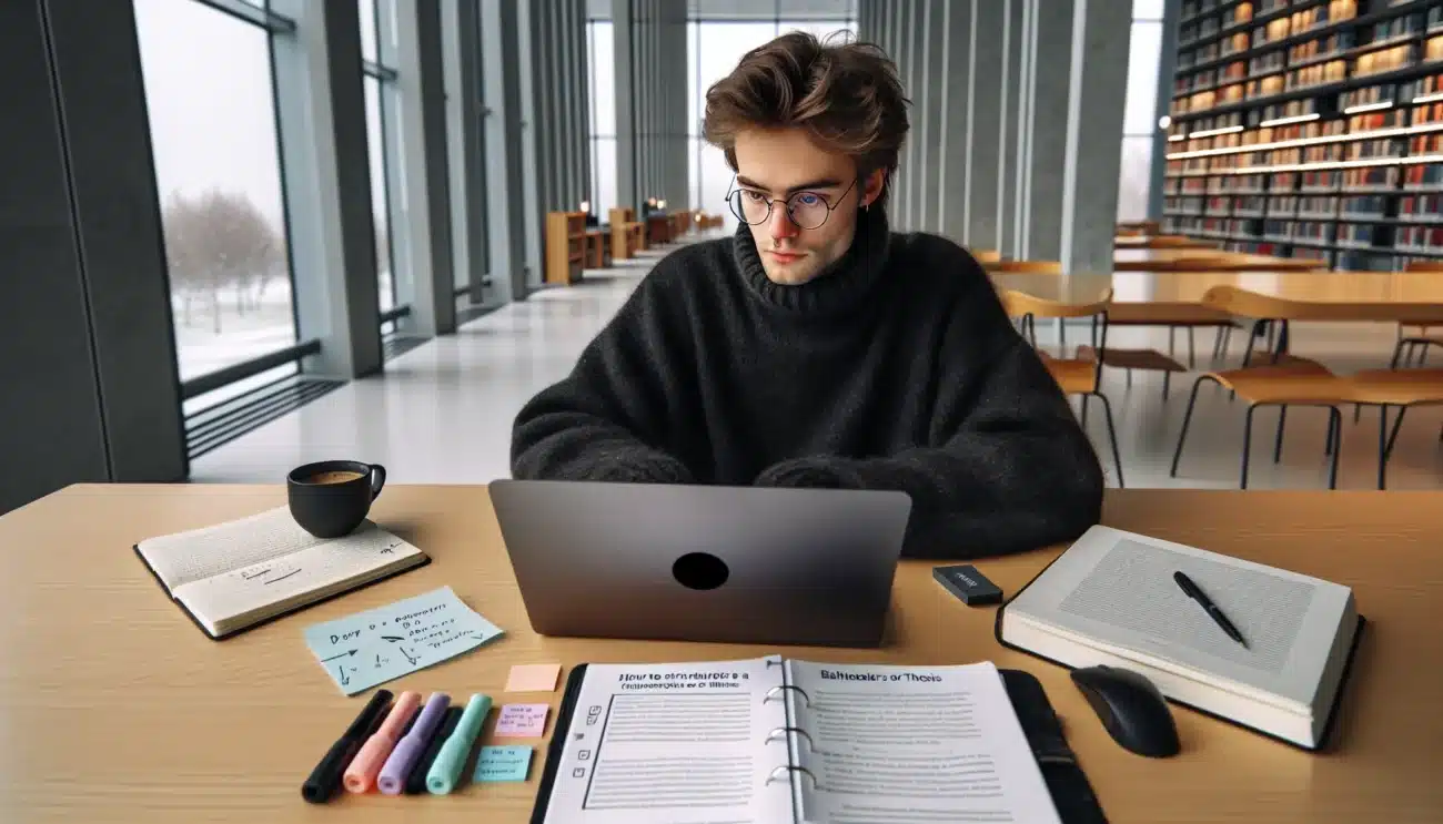 Student in norway outlining thesis structure on laptop with imrad notes