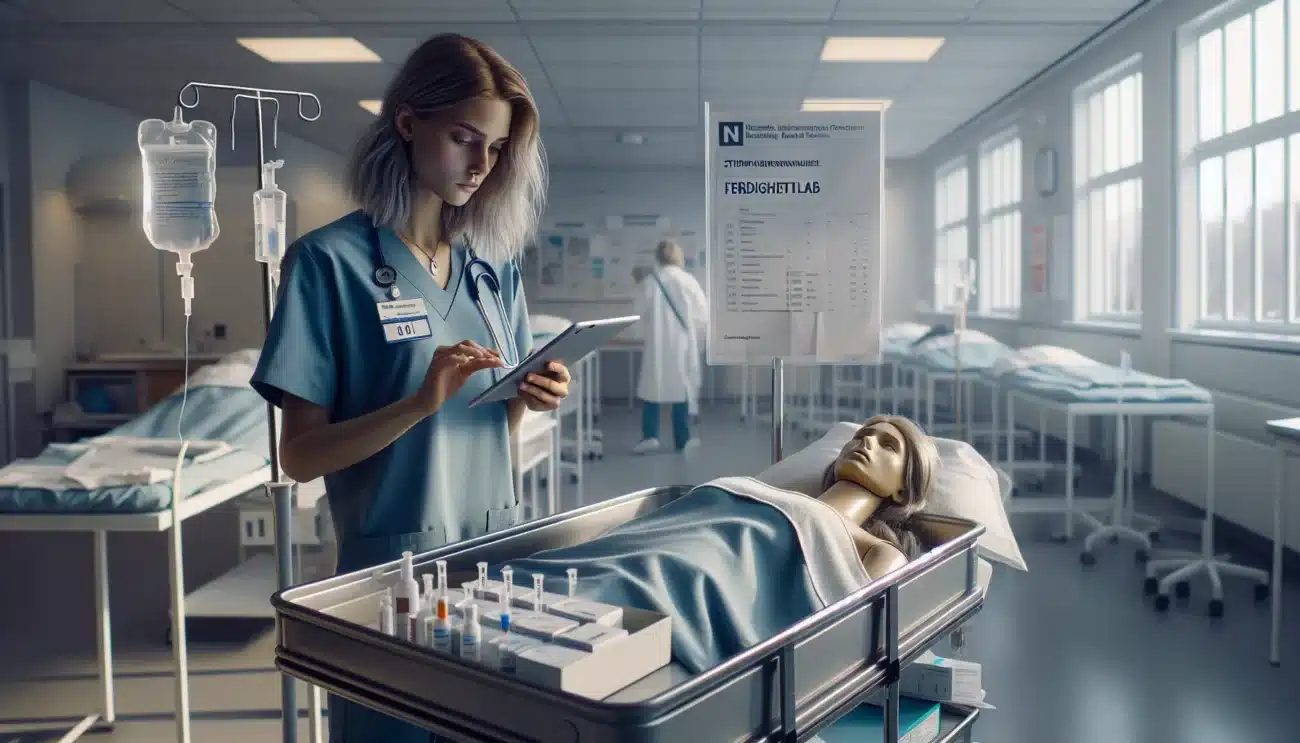 Student nurse in norwegian skills lab checks qualifications list while preparing medication