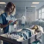 Student nurse in norwegian skills lab checks qualifications list while preparing medication