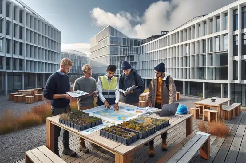 Students explore sustainability study paths on a norwegian campus overlooking a fjord