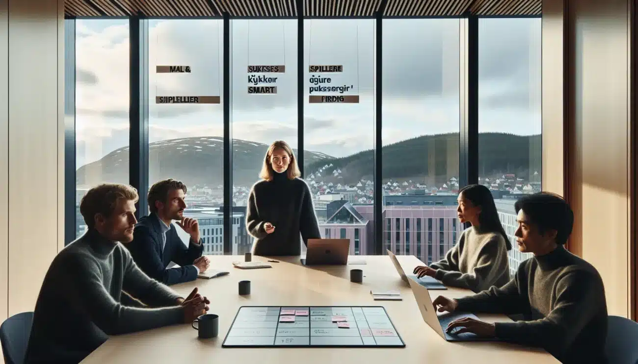Team clarifying goals and roles in a bright norwegian office