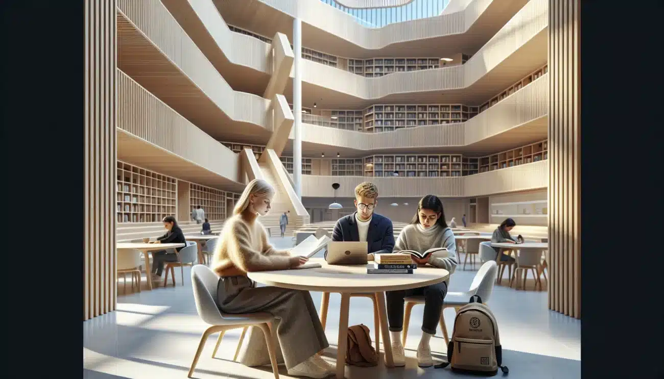 Three norwegian learners consider one year study options in a bright campus atrium