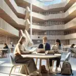 Three norwegian learners consider one year study options in a bright campus atrium