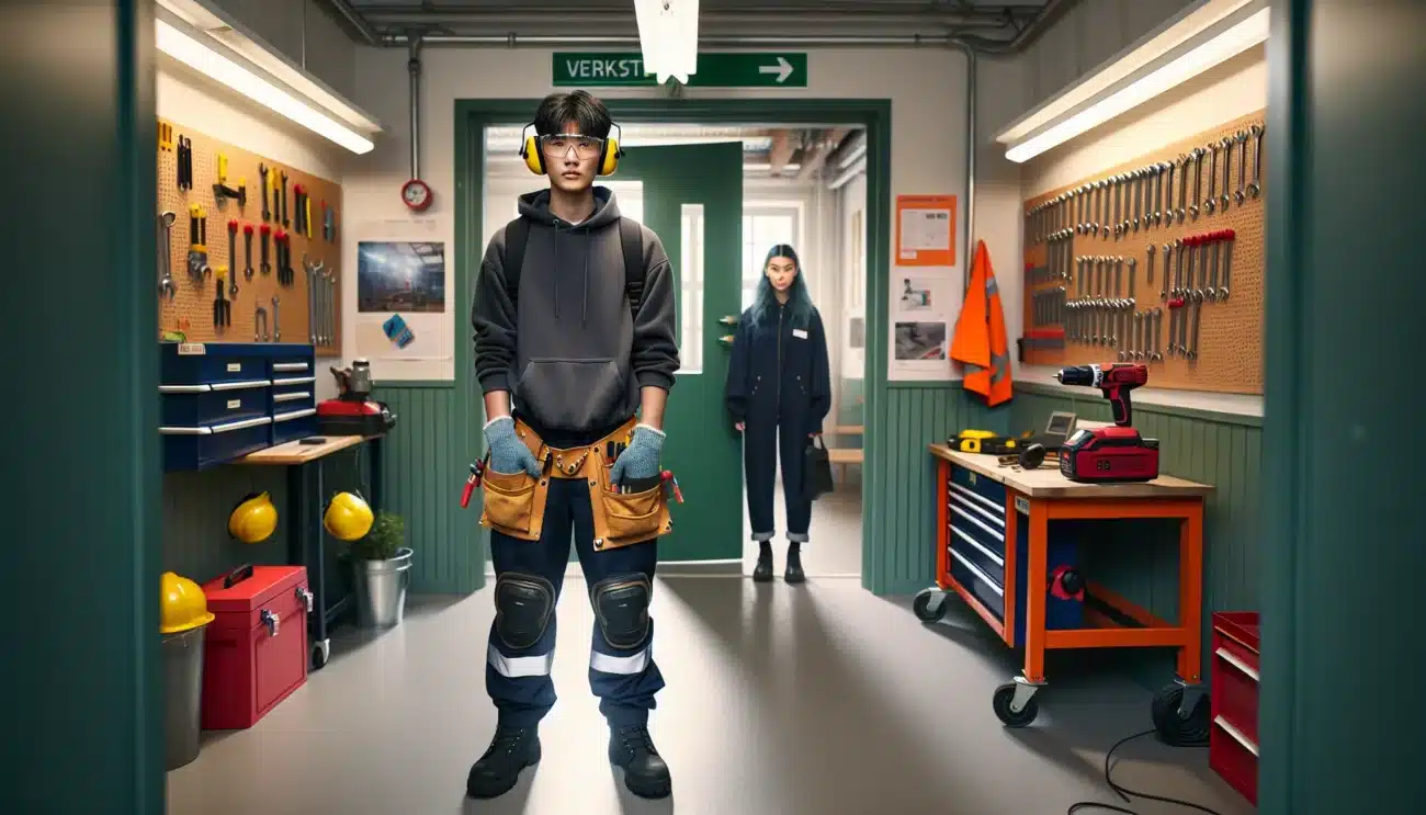 Two norwegian students showing vocational and academic paths in a school corridor