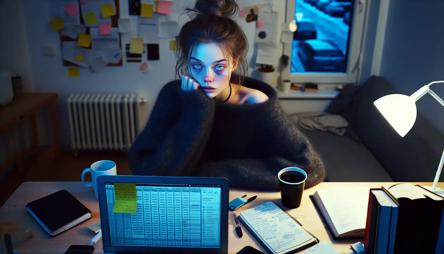 Hvordan unngå utbrenthet som student 2 Exhausted norwegian student at a cluttered desk late at night, snow outside.