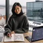 Ux designer prototyping transit app in oslo office team collaborating behind