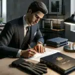 Young legal trainee in oslo organizing documents to become a norwegian lawyer