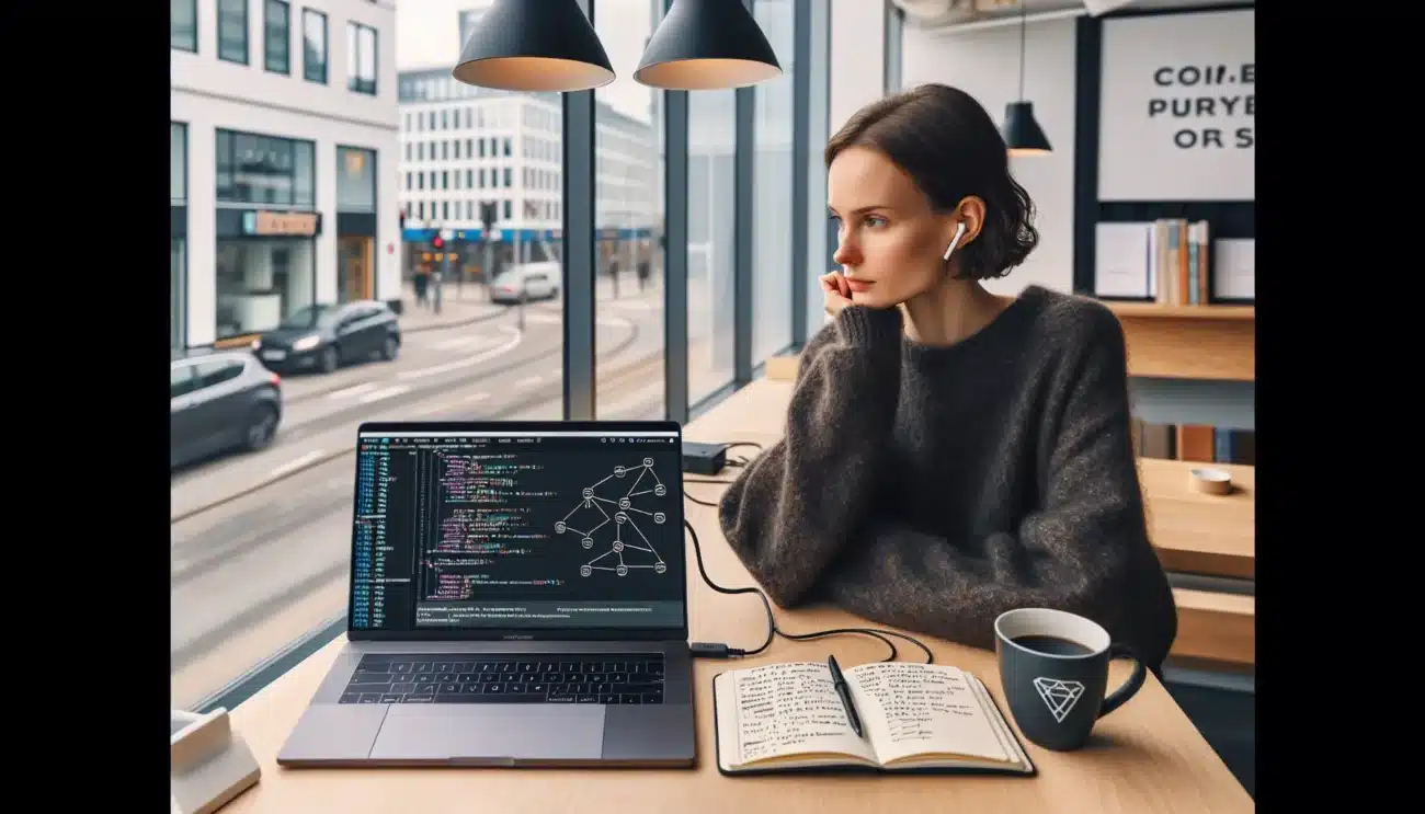 Young woman in oslo coding a data engineering pipeline by a window