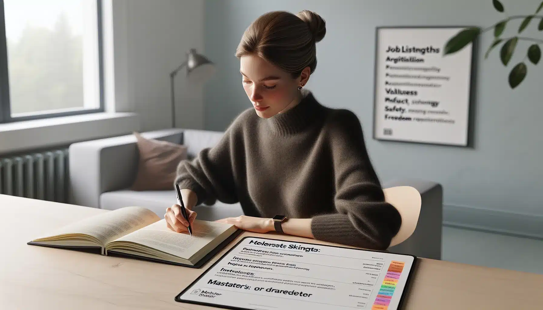 Hvordan velge riktig mastergrad for din karriere 2 Norwegian professional mapping strengths and researching master’s options at a tidy desk.