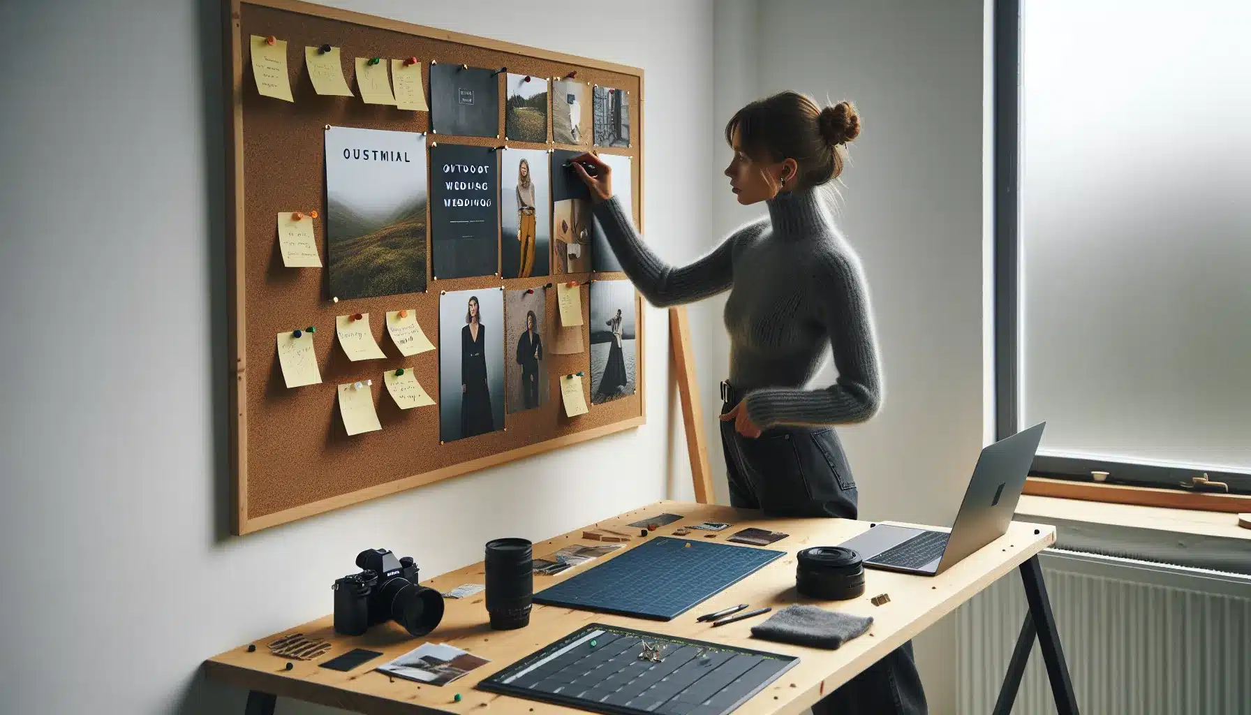 Hvordan bli en profesjonell fotograf 2 Norwegian photographer arranging niche portfolio prints on a corkboard in oslo studio.